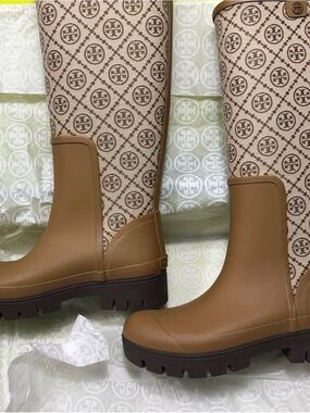 Tory Burch T Monogram Tan Logo-Patterned Heeled Rain Boots